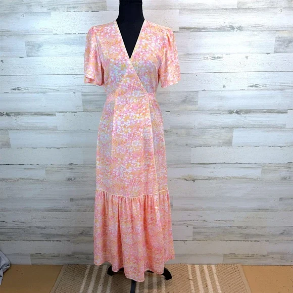 LaRoque Floral Wrap Midi Dress Pink Yellow Cottagecore Preppy Feminine Small - Picture 4 of 16